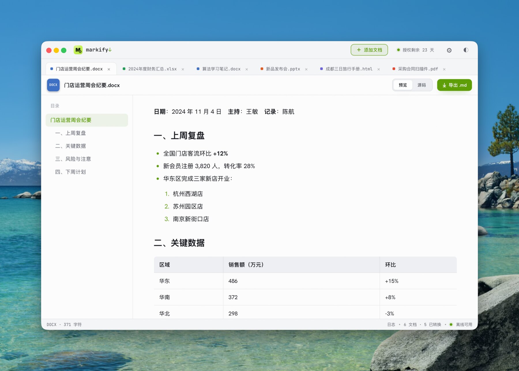 Markify 把文档转成干净的 Markdown：双栏预览、大纲导航、表格还原